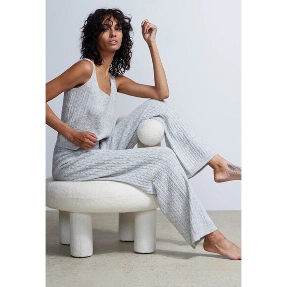 New York & Co Knit Lounge Set Sz XL Cableknit Soft Grey Tank Wide Leg Pants New - Picture 4 of 16
